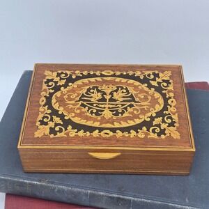 Vintage Italian Marquetry Inlay Wooden Trinket Jewelry Box Floral Birds 6.25"